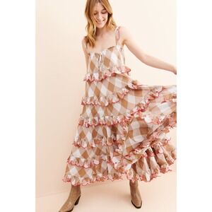 Innika Choo‎ Scallop Frill Dress Women's 2 Brown Buffalo Check Free People White